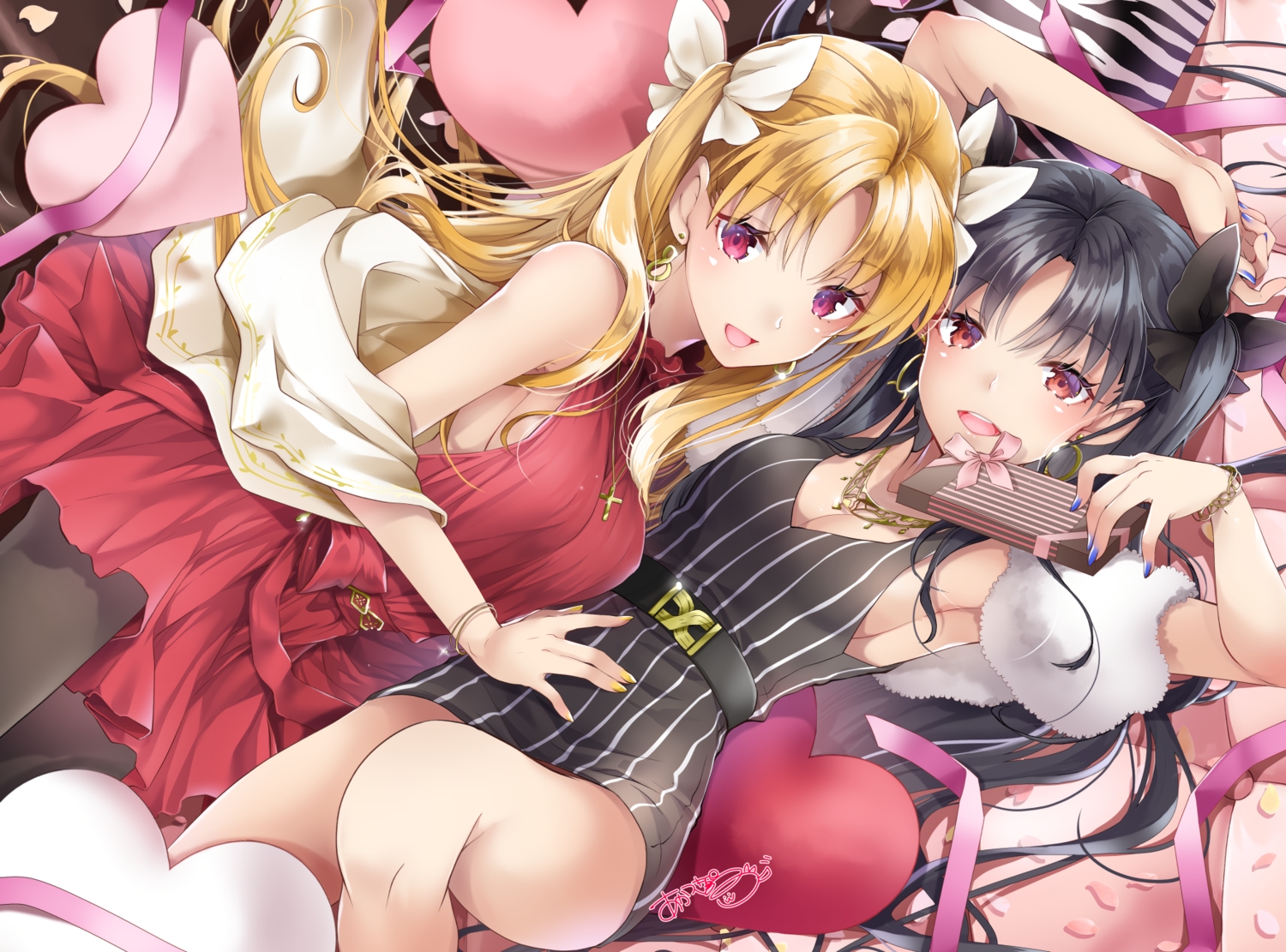 2girls, akatsuki_hijiri, black_hair, blonde_hair, cropped, dress, ereshkigal_(fate/grand_order), fate/grand_order