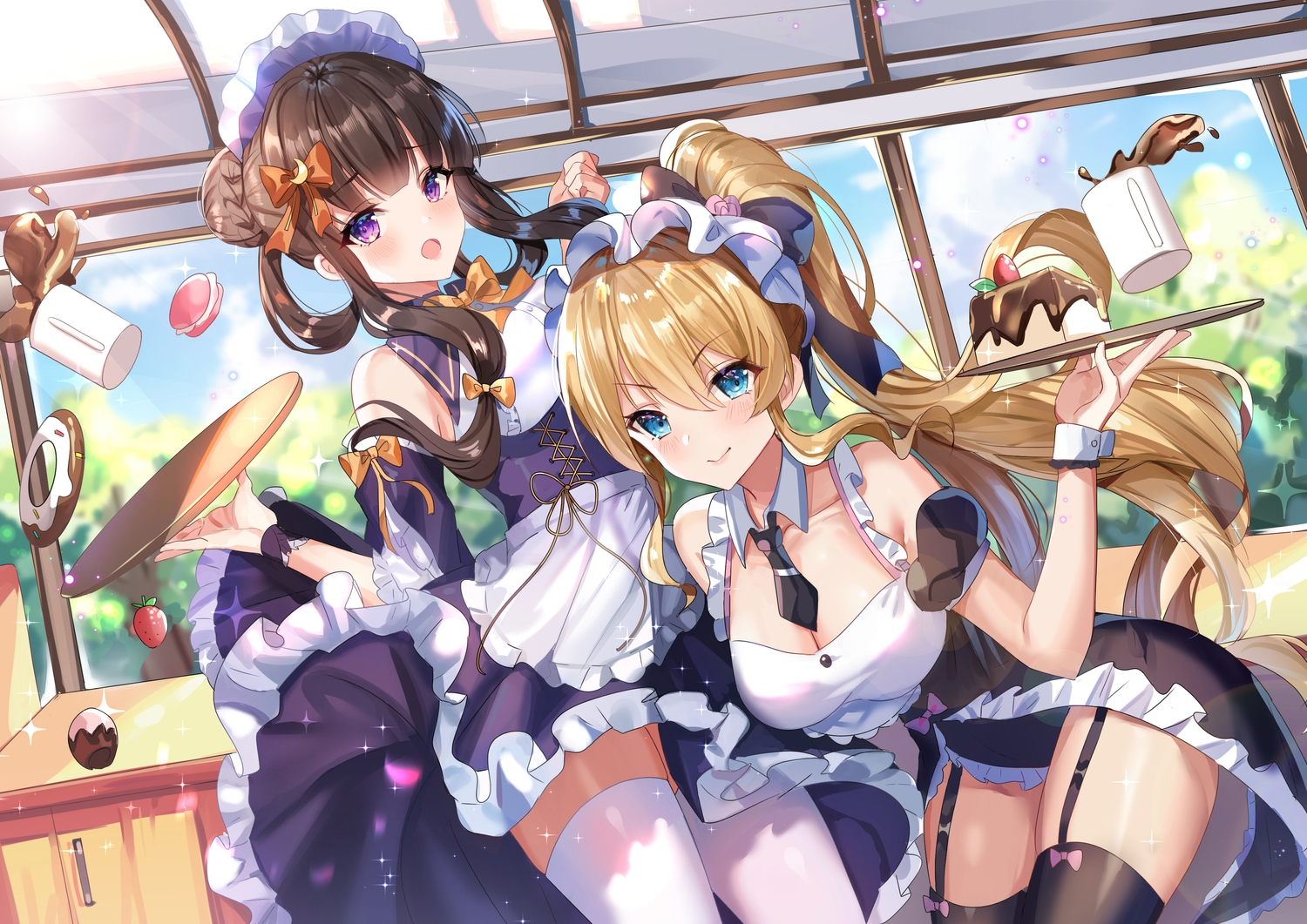 2girls, drink, food, garter_belt, girl_cafe_gun_(game), juno_emmons, kikuri_yuki, maid, shanguier, waitress