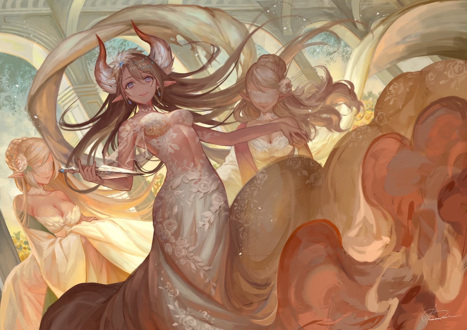 breasts, brown_hair, cleavage, dress, horns, long_hair, okuma_mai, original