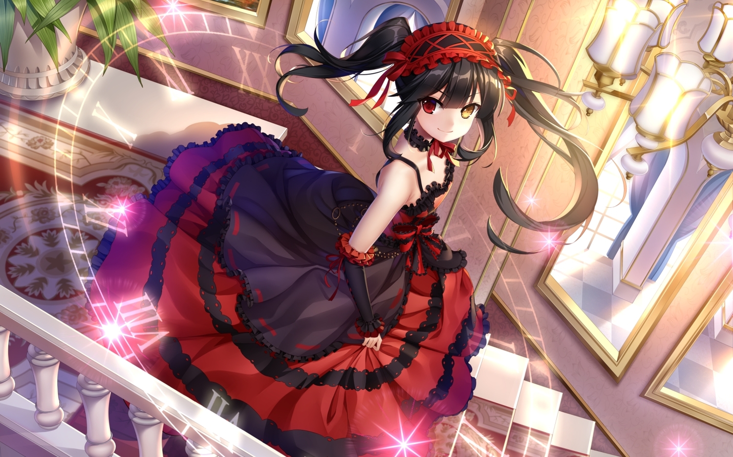 bicolored_eyes, black_hair, date_a_live, dress, elbow_gloves, gloves, long_hair, tokisaki_kurumi