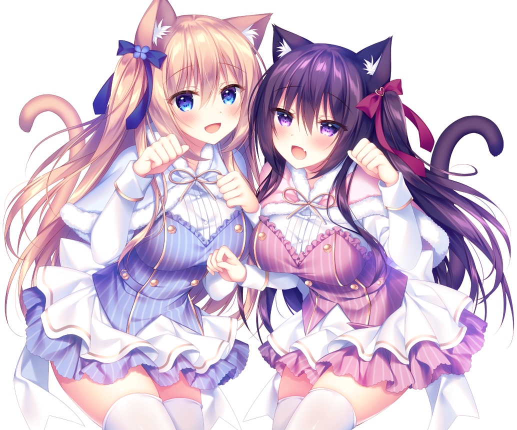2girls, animal_ears, blonde_hair, blue_eyes, blush, cape, catgirl, cropped