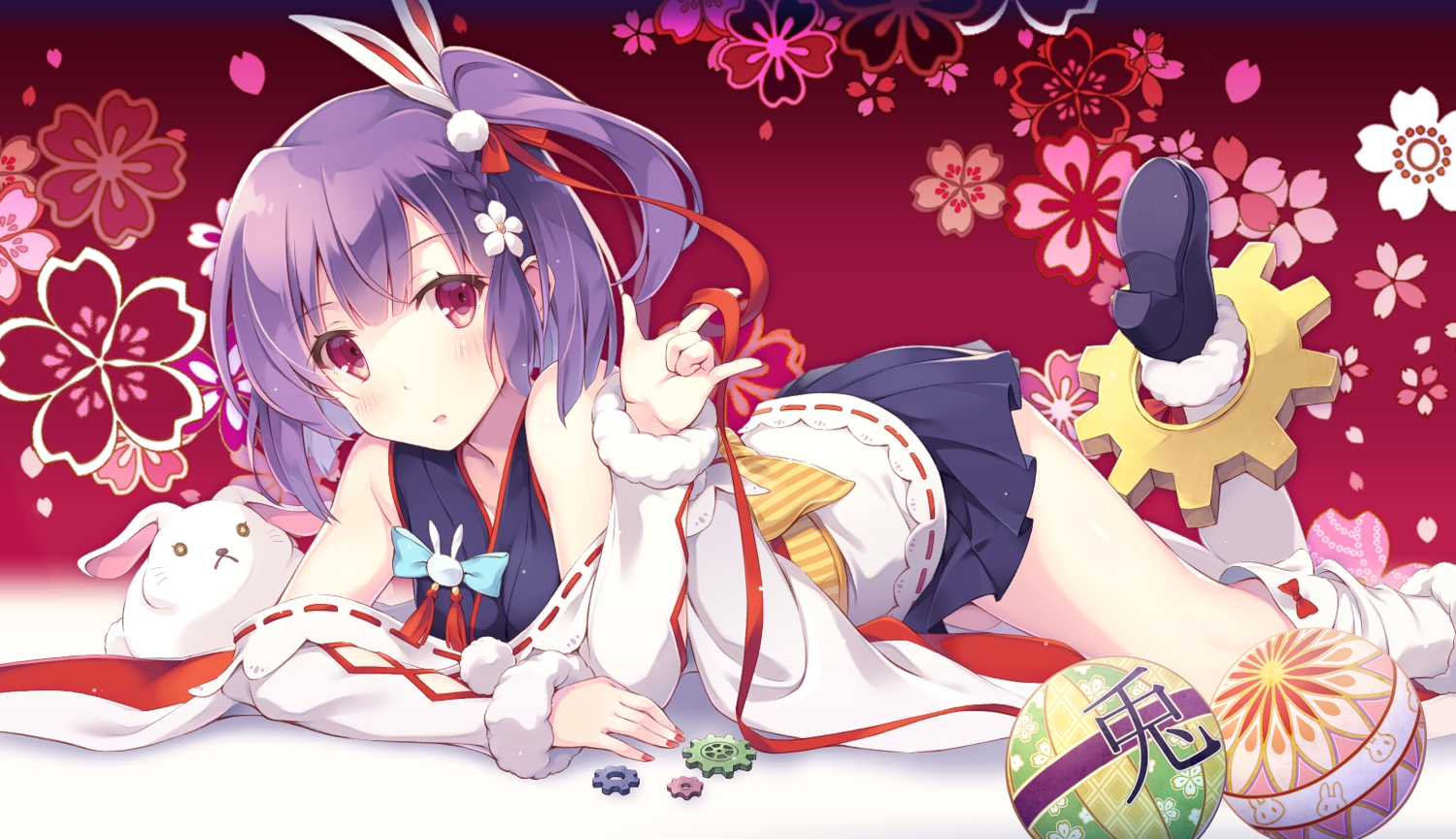 animal, ball, itoichi, japanese_clothes, purple_hair, rabbit, short_hair, tenjin_kotone, tenjin_kotone_(channel)