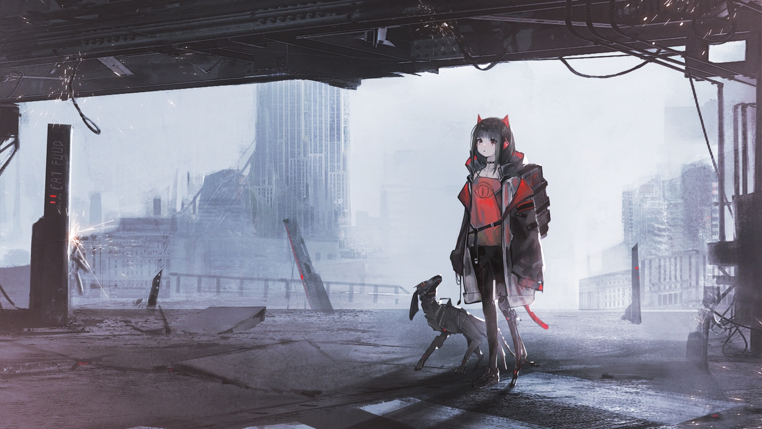 animal_ears, black_hair, brown_eyes, building, choker, city, headphones, original, robot, ruins, tail, techgirl, vhumiku