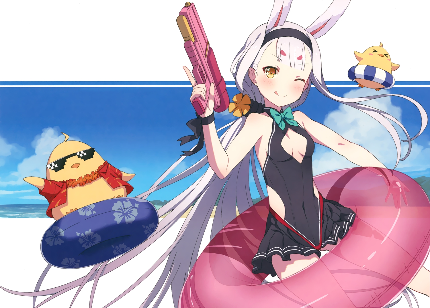 animal_ears, anthropomorphism, azur_lane, beach, breasts, bunny_ears, bunnygirl, clouds