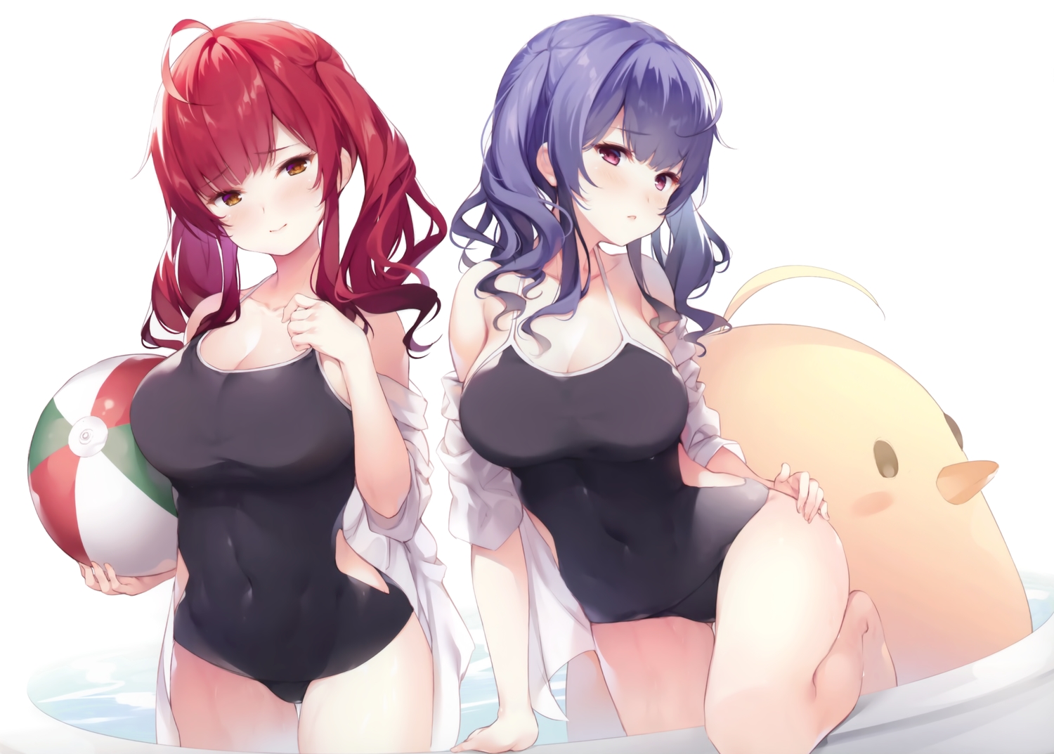 2girls, anthropomorphism, azur_lane, ball, breasts, brown_eyes, cleavage, manjuu_(azur_lane), pola_(azur_lane), purple_eyes, purple_hair, red_hair, scan, senji_(tegone_spike), shirt, short_hair, swimsuit, third-party_edit, twintails, white, zara_(azur_lane)