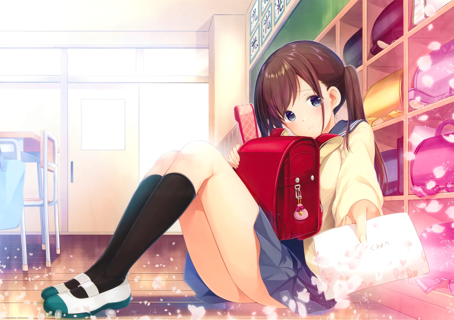 azuma_yuki, blue_eyes, brown_hair, cropped, kneehighs, original, petals, scan