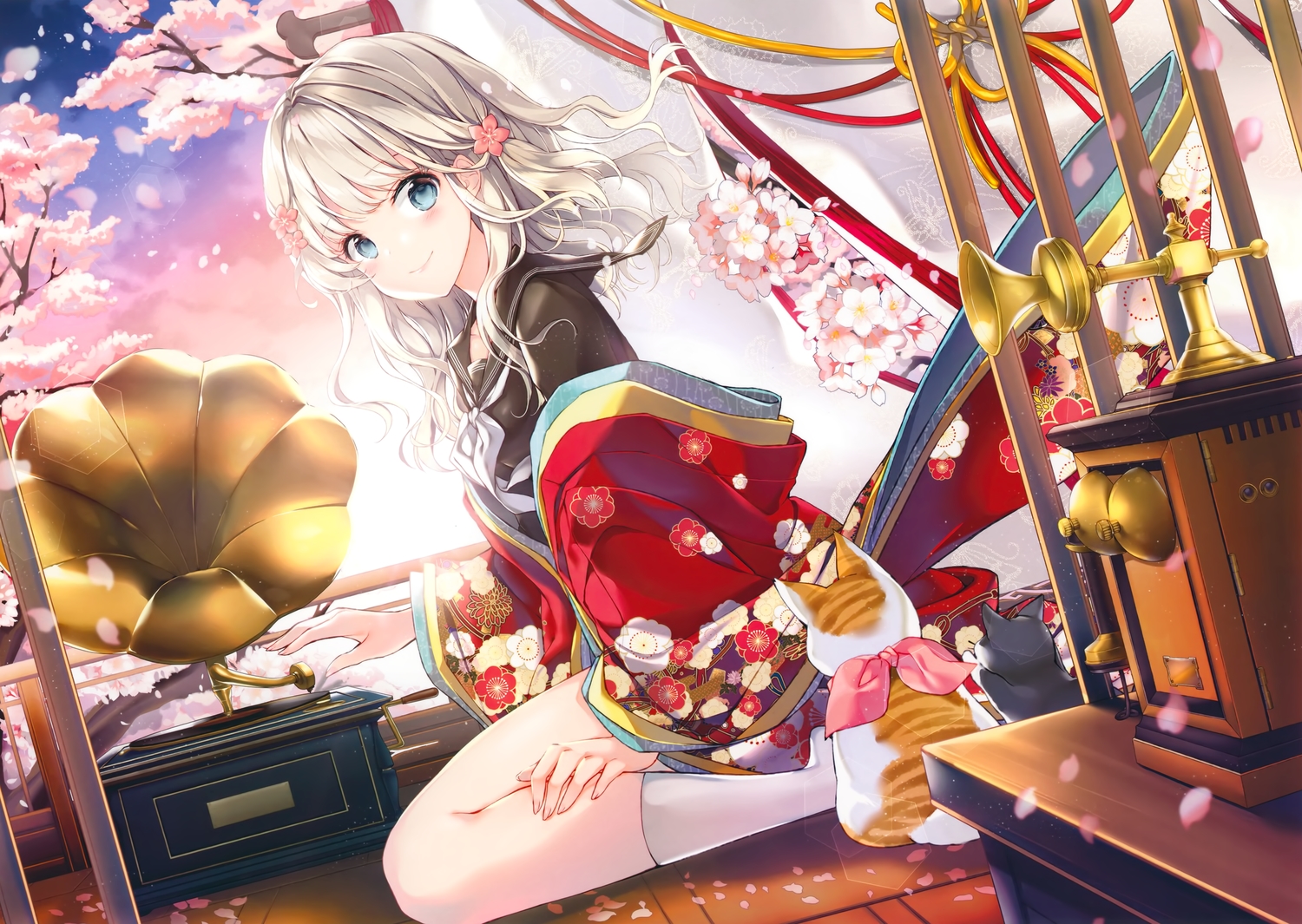 animal, aqua_eyes, cat, cropped, flowers, gray_hair, japanese_clothes, juna