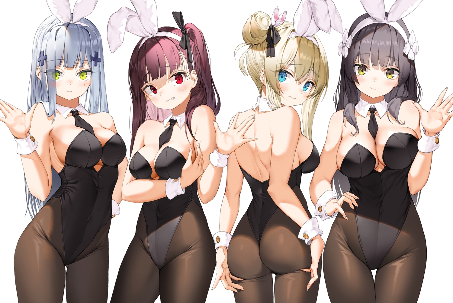 animal_ears, anthropomorphism, ass, ass_grab, breast_hold, breasts, bunny_ears, bunnygirl, cleavage, girls_frontline, group, hk416_(girls_frontline), lee_seok_ho, long_hair, pantyhose, suomi_(girls_frontline), tie, type_95_(girls_frontline), wa2000_(girls_frontline), wristwear