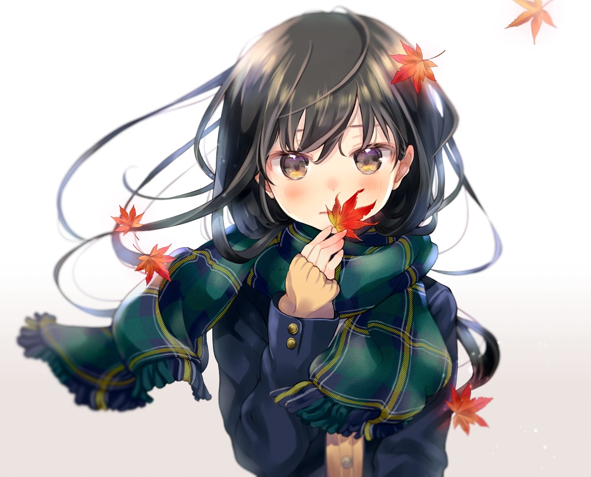 autumn, black_hair, blush, kuga_tsukasa, leaves, original, scarf, white
