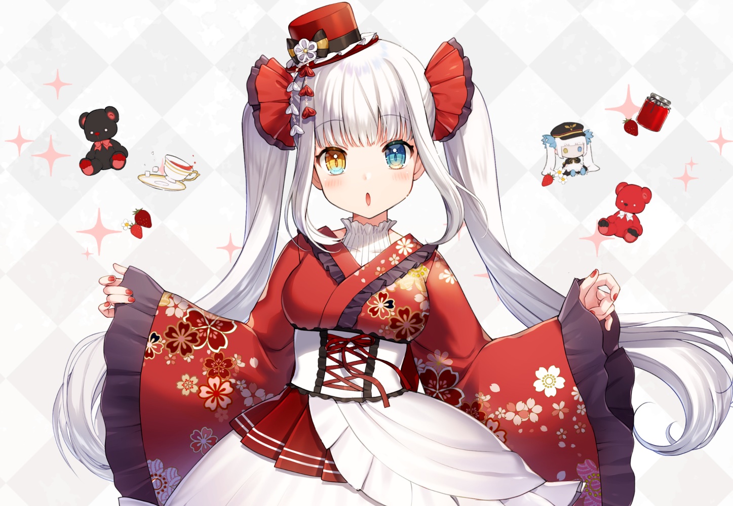 bicolored_eyes, blush, chibi, dress, drink, hat, japanese_clothes, kagura_gumi