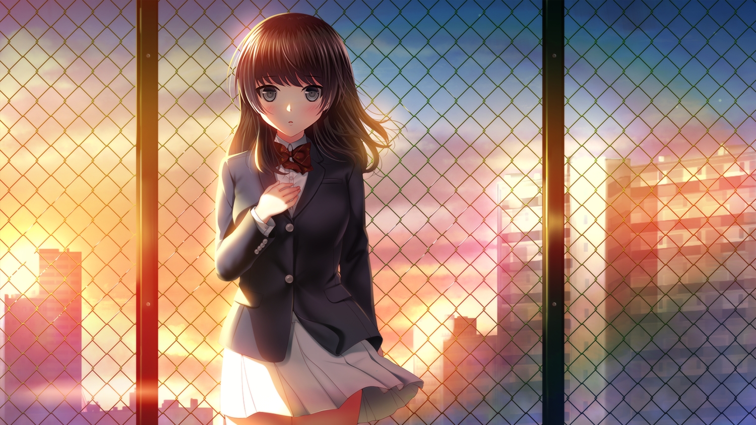 building, game_cg, golden_hour, hirose_natsumi, minamihama_yoriko, more_(company), school_uniform, sunset