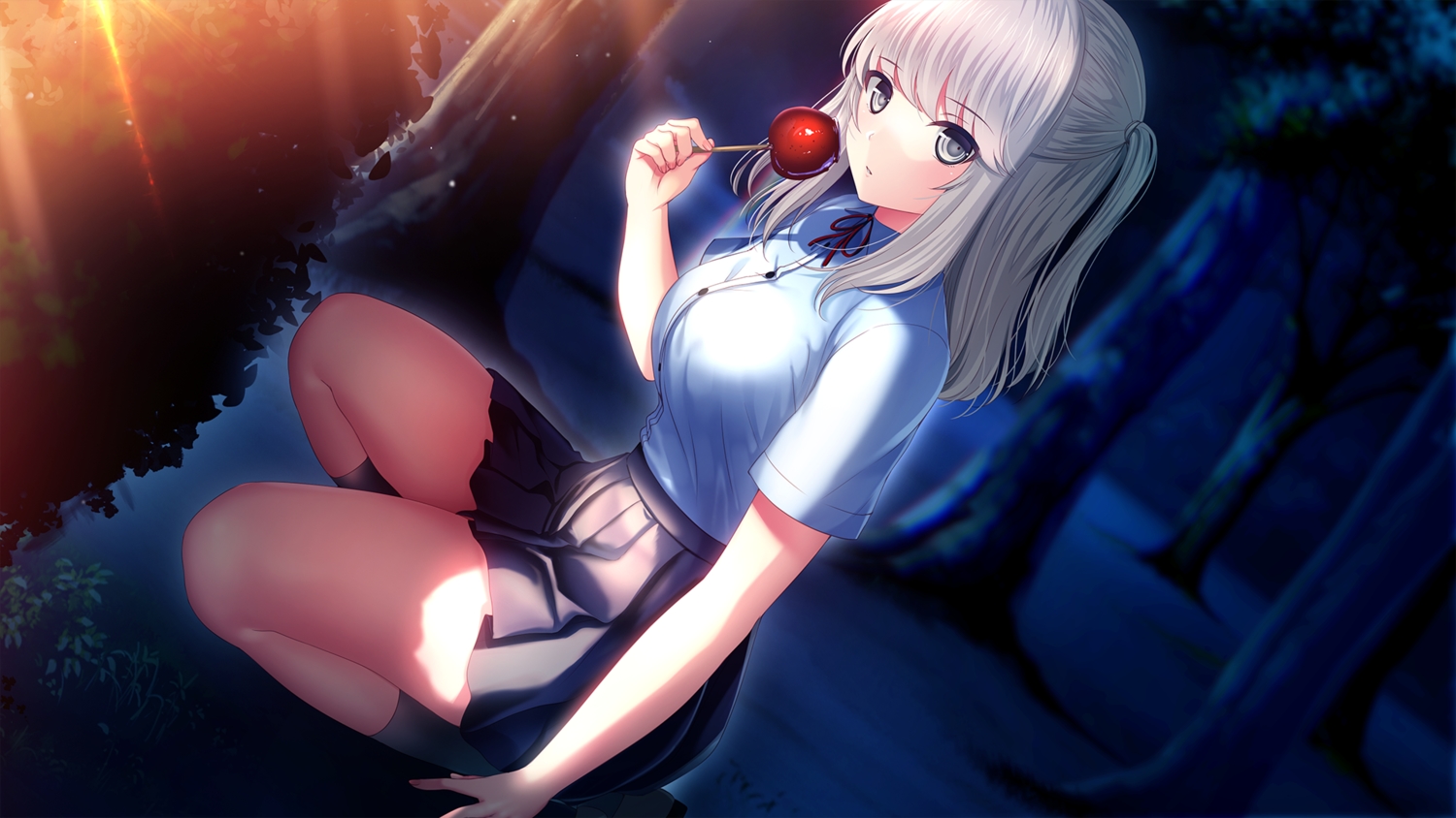 apple, candy, food, fruit, game_cg, gray_eyes, gray_hair, katahira_yuuna