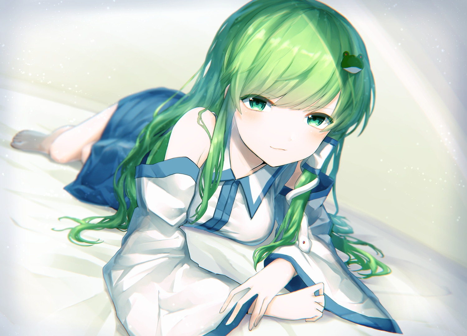 animal, barefoot, green_eyes, green_hair, japanese_clothes, kisamu_(ksmz), kochiya_sanae, long_hair, miko, snake, touhou