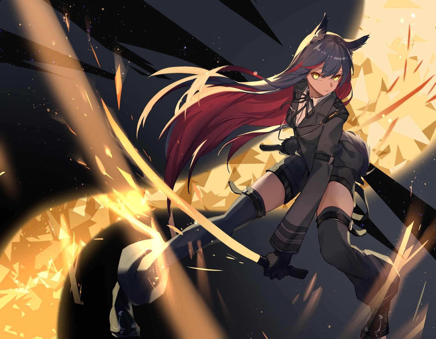 animal_ears, arknights, black_hair, dark_skin, gloves, katana, leris_muma, long_hair, sword, texas_(arknights), thighhighs, uniform, weapon, wolfgirl, yellow_eyes, zettai_ryouiki