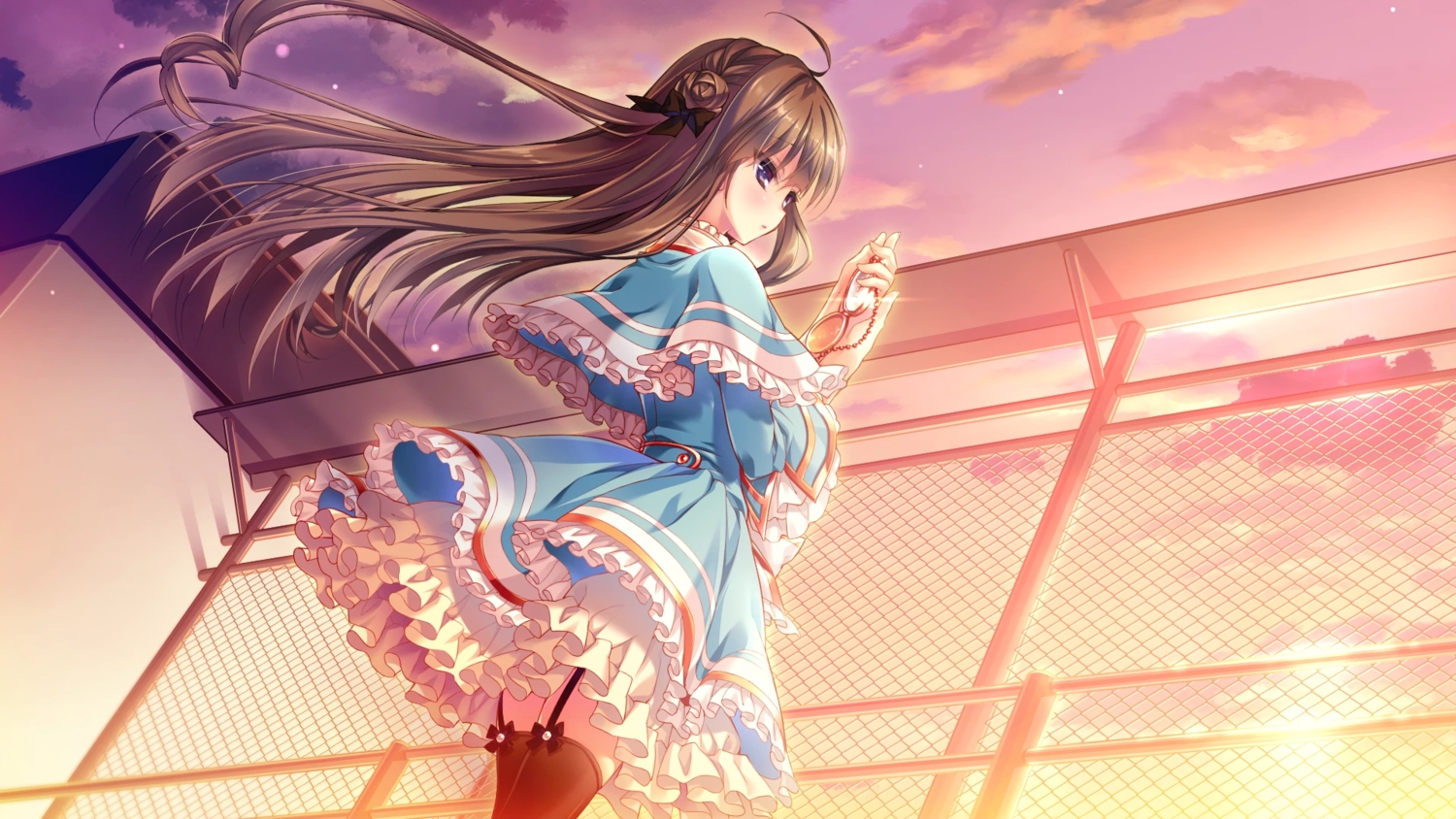 boukyaku_shitsuji_to_koi_suru_ojou-sama_no_memoir, bow, brown_hair, campus, chidori_hinano, dress, game_cg, lolita_fashion
