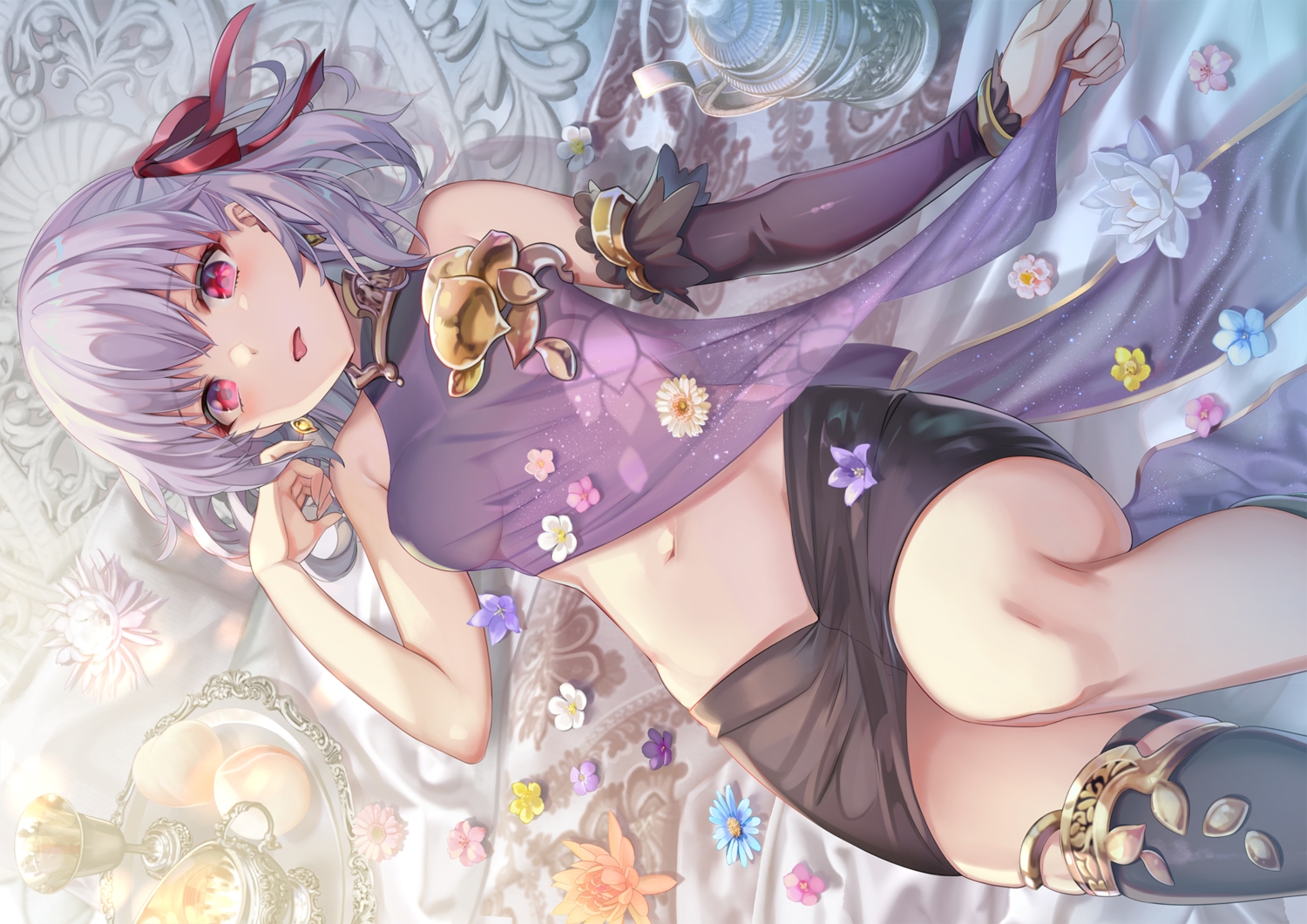breasts, drink, fate/grand_order, fate_(series), flowers, food, fruit, kama_(fate/grand_order)