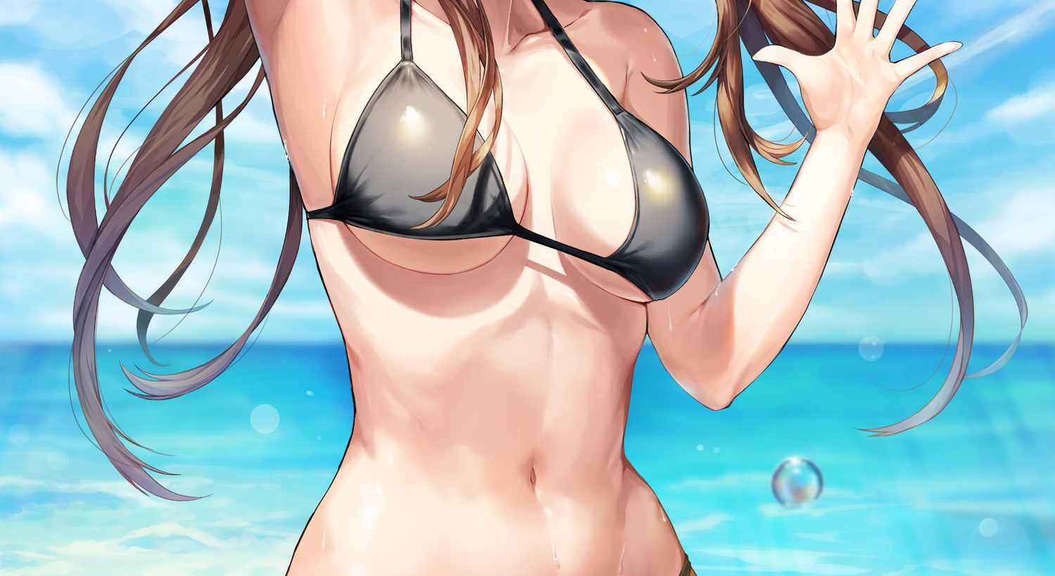 anthropomorphism, bikini, breasts, brown_hair, clouds, girls_frontline, greem_bang, long_hair, sky, swimsuit, twintails, ump-9_(girls_frontline), underboob, water
