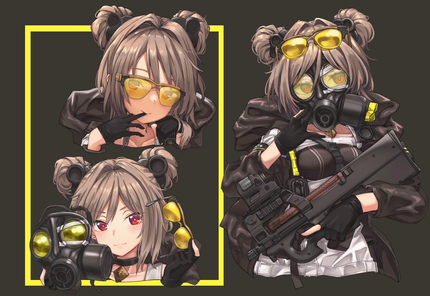 anthropomorphism, blush, brown_hair, choker, girls_frontline, gloves, gun, hood