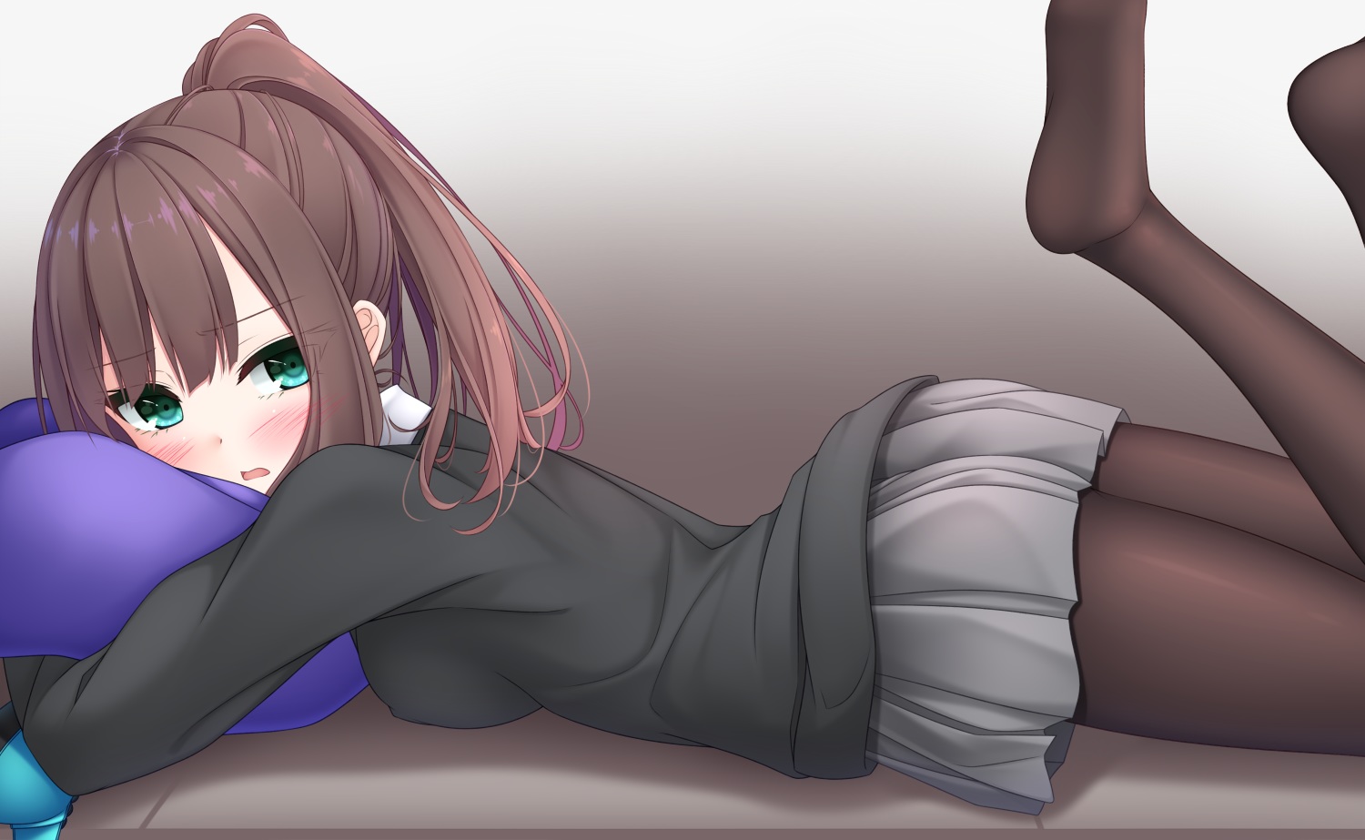 blush, brown_hair, gradient, green_eyes, original, pantyhose, ponytail, school_uniform, skirt, yoye_(pastel_white)