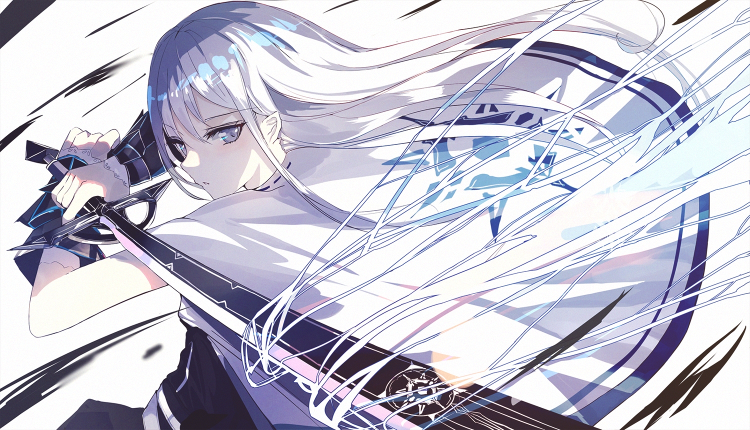 beckzawachi, cape, gray_eyes, gray_hair, katana, long_hair, magic, original, polychromatic, sword, weapon