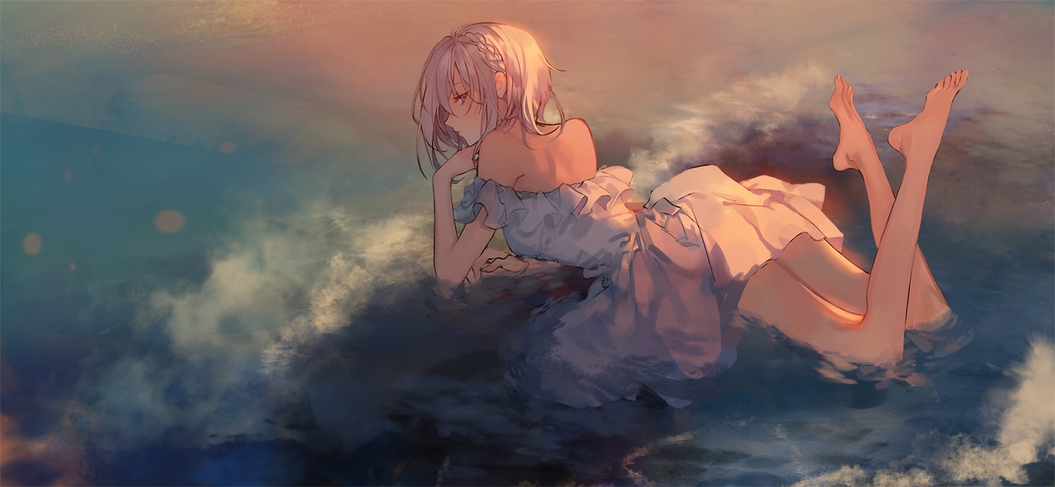 barefoot, braids, dress, gray_hair, original, otuming, short_hair, water