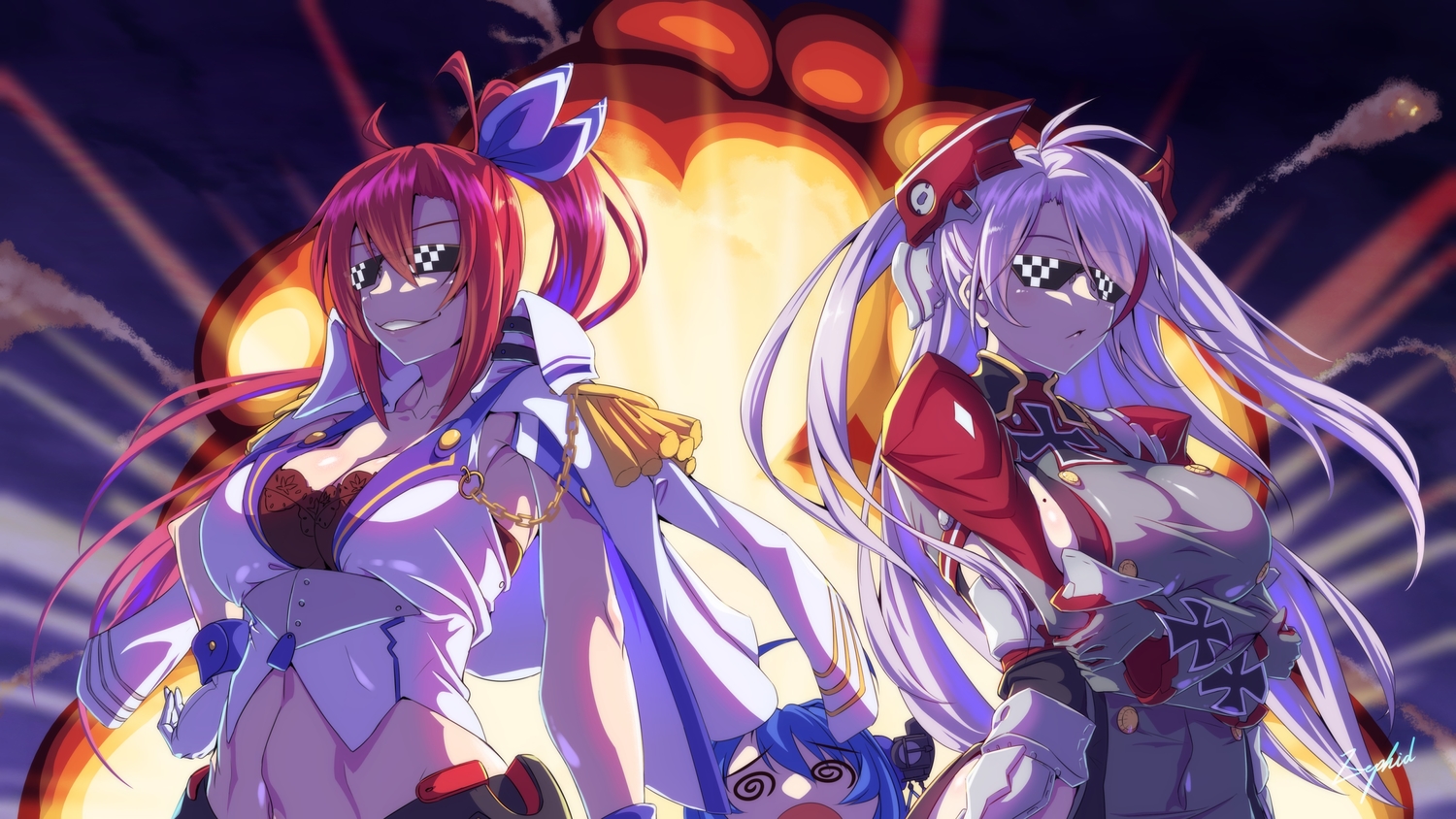 anthropomorphism, azur_lane, breast_hold, breasts, chain, fire, gray_hair, helena_(azur_lane), navel, parody, ponytail, prinz_eugen_(azur_lane), red_hair, signed, sunglasses, uniform, wichita_(azur_lane), zephid
