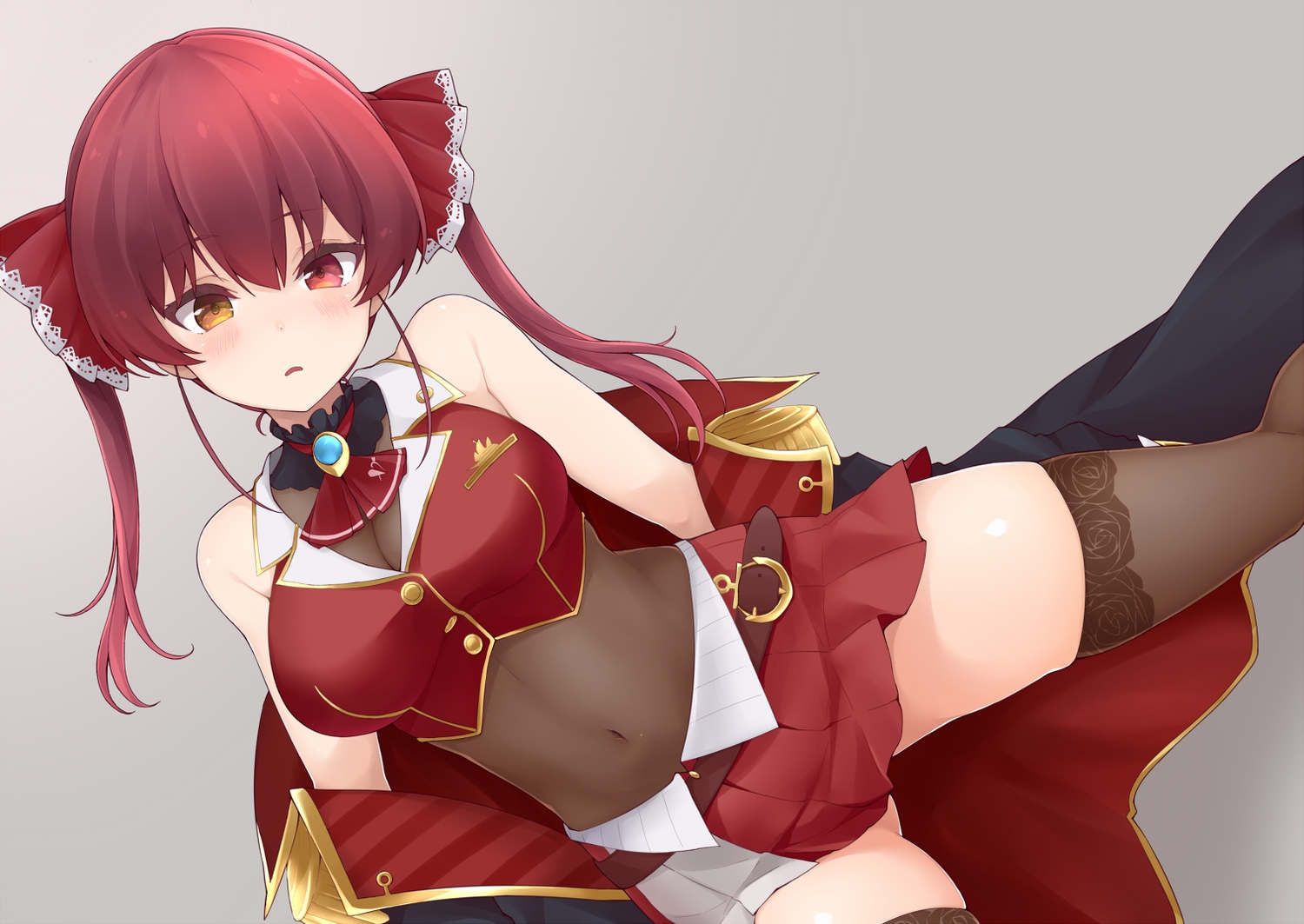 bicolored_eyes, blush, breasts, cleavage, gradient, gray, hololive, houshou_marine, jampen, long_hair, navel, red_hair, see_through, skirt, spread_legs, thighhighs, twintails