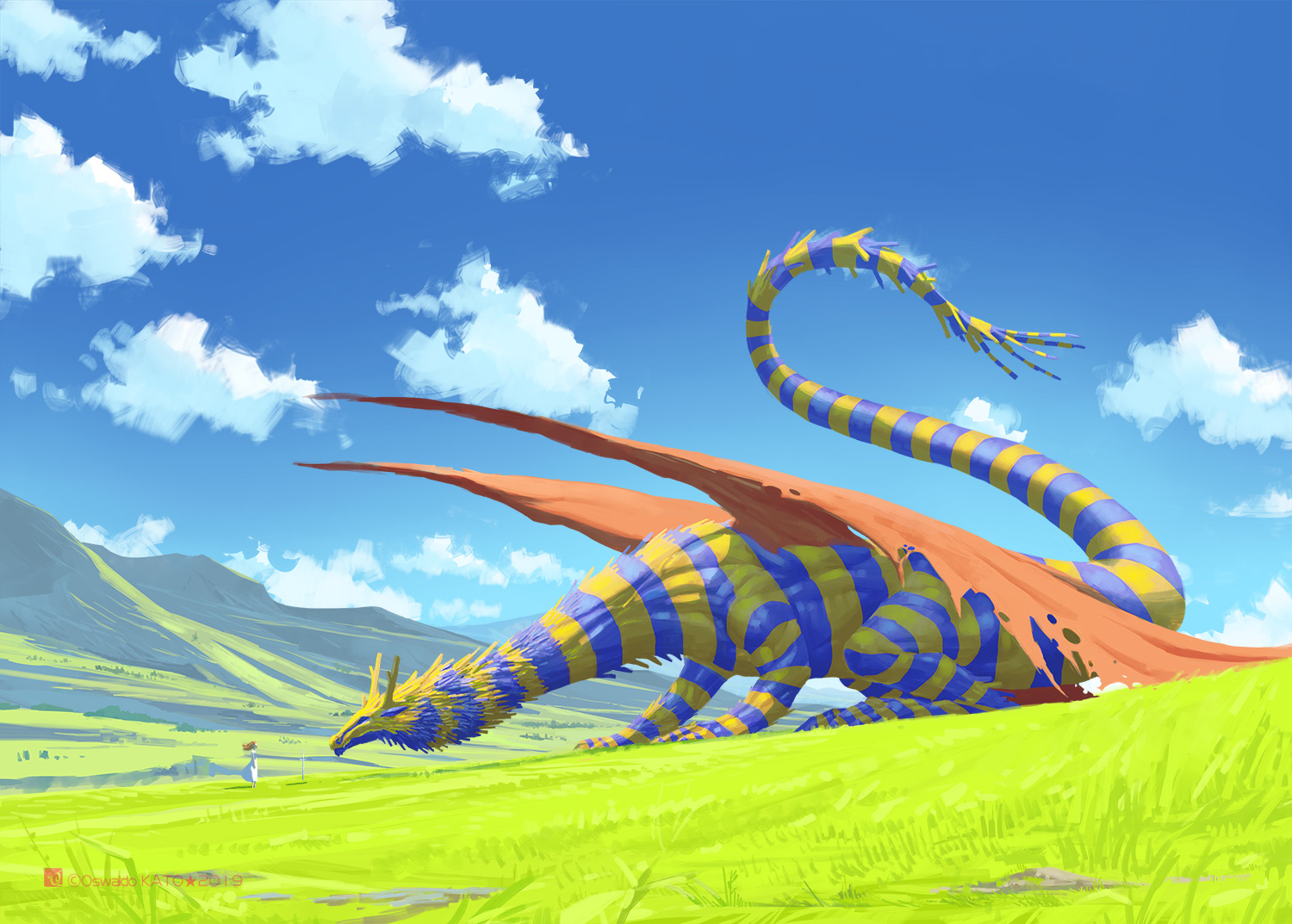 clouds, dragon, dress, grass, katou_oswaldo, original, scenic, sky, watermark