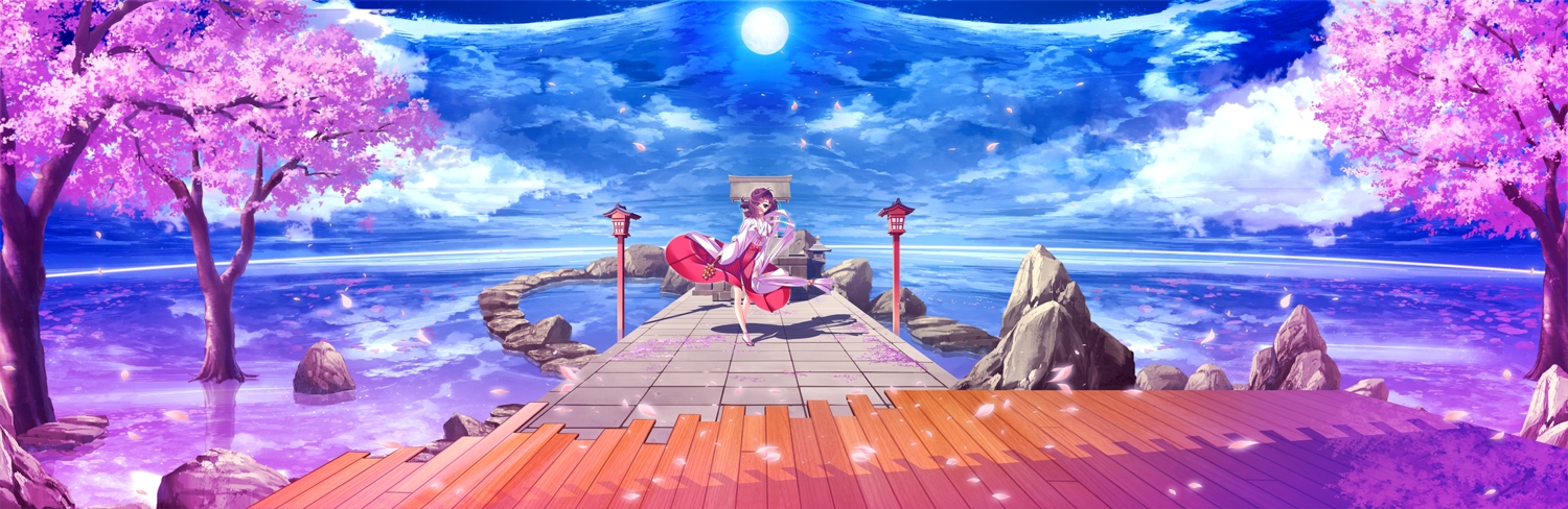 al_azif_(artist), brown_eyes, cherry_blossoms, clouds, dualscreen, flowers, japanese_clothes, miko, original, petals, purple_hair, scenic, short_hair, sky, water