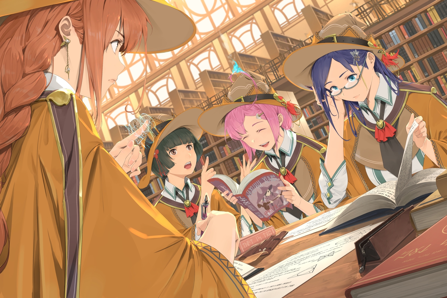 aqua_eyes, black_hair, blue_hair, book, braids, brown_eyes, brown_hair, glasses
