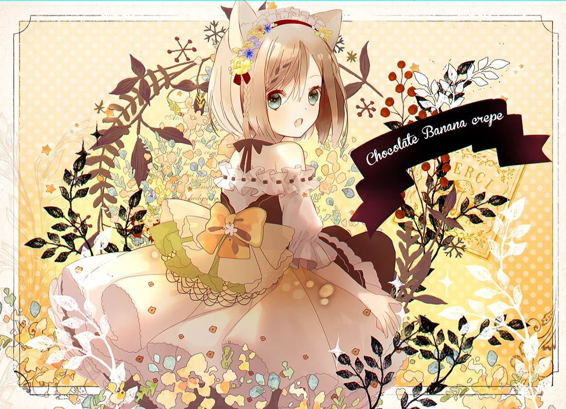 animal_ears, anthropomorphism, bow, brown_hair, dress, fang, green_eyes, headdress