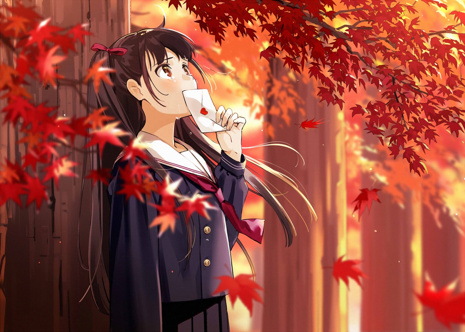 autumn, brown_eyes, brown_hair, crying, leaves, long_hair, original, paper