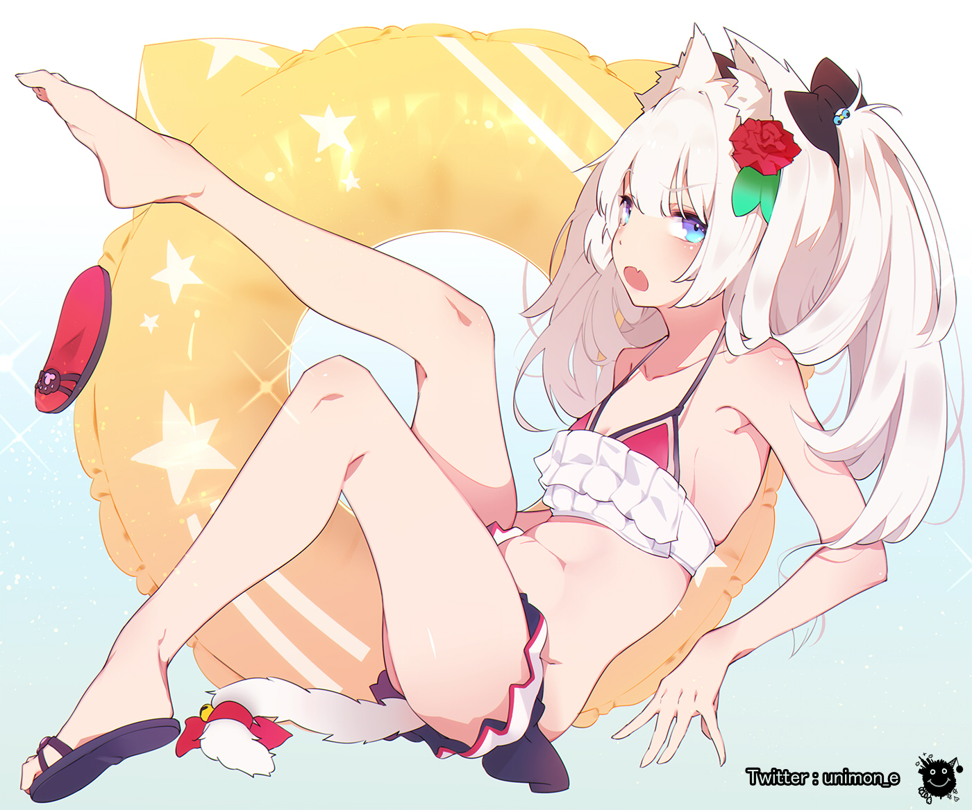 animal_ears, anthropomorphism, aqua_eyes, azur_lane, bikini, catgirl, fang, flowers, gradient, hammann_(azur_lane), katuo1129, long_hair, rose, swim_ring, swimsuit, watermark, white_hair