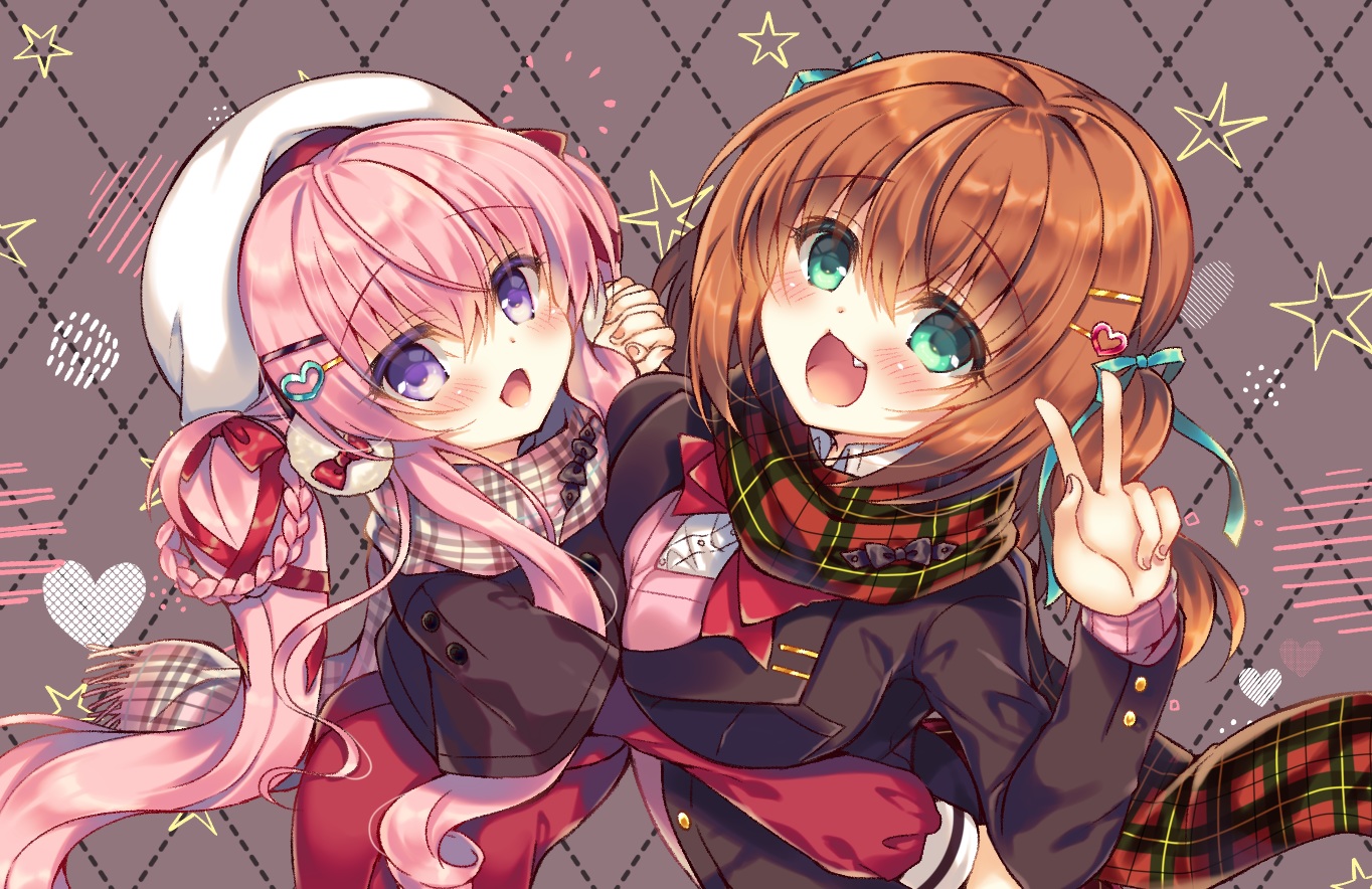 2girls, aoki_kaede, blush, breasts, brown_hair, cat_smile, fang, green_eyes, lilia_chocolanne, long_hair, original, pink_hair, purple_eyes, ribbons, scarf, suzunone_rena, twintails