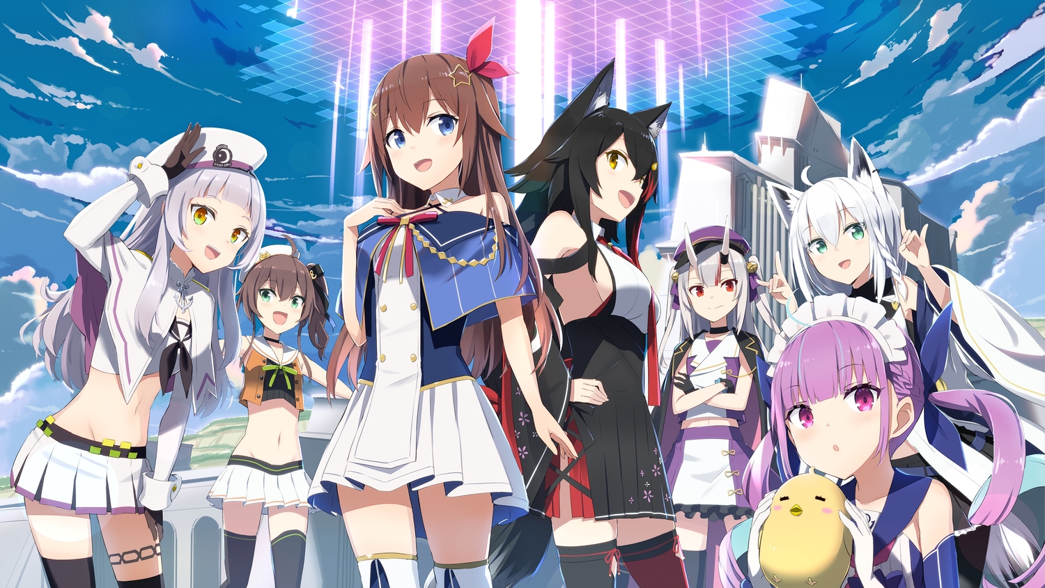 animal_ears, aqua_eyes, azur_lane, black_hair, blue_eyes, brown_hair, cape, clouds