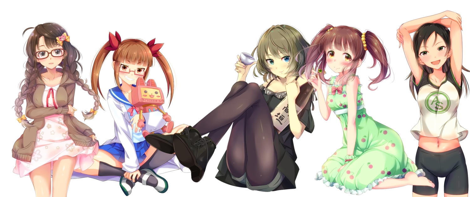 bicolored_eyes, bike_shorts, black_eyes, black_hair, blush, bow, braids, breast_hold, breasts, brown_eyes, brown_hair, dress, drink, green_hair, idolmaster, idolmaster_cinderella_girls, ikebukuro_akiha, kneehighs, long_hair, mitsuki_(omezame_alice), navel, ogata_chieri, okuyama_saori, pantyhose, sake, school_uniform, shorts, skirt, skirt_lift, spread_legs, takagaki_kaede, trainer_(idolmaster), twintails