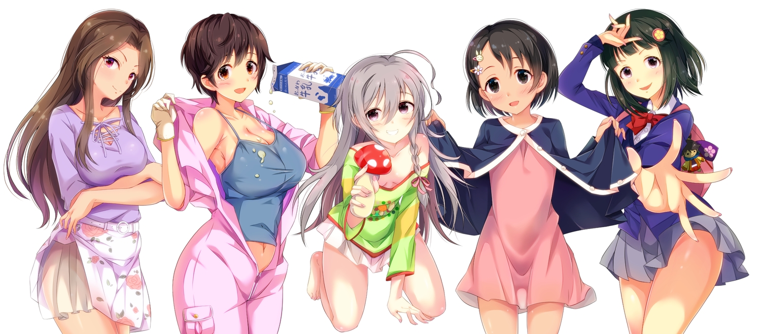 barefoot, black_eyes, black_hair, blush, breast_hold, breasts, brown_eyes, brown_hair