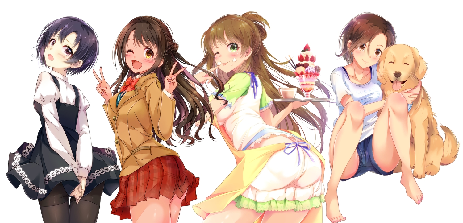 animal, apron, ass, black_hair, blush, bow, braids, brown_eyes, brown_hair, dog, dress, drink, food, green_eyes, group, ice_cream, idolmaster, idolmaster_cinderella_girls, long_hair, makihara_shiho, mitsuki_(omezame_alice), mizuki_seira, pantyhose, school_uniform, shimamura_uzuki, shiragiku_hotaru, short_hair, shorts, skirt, white, wink