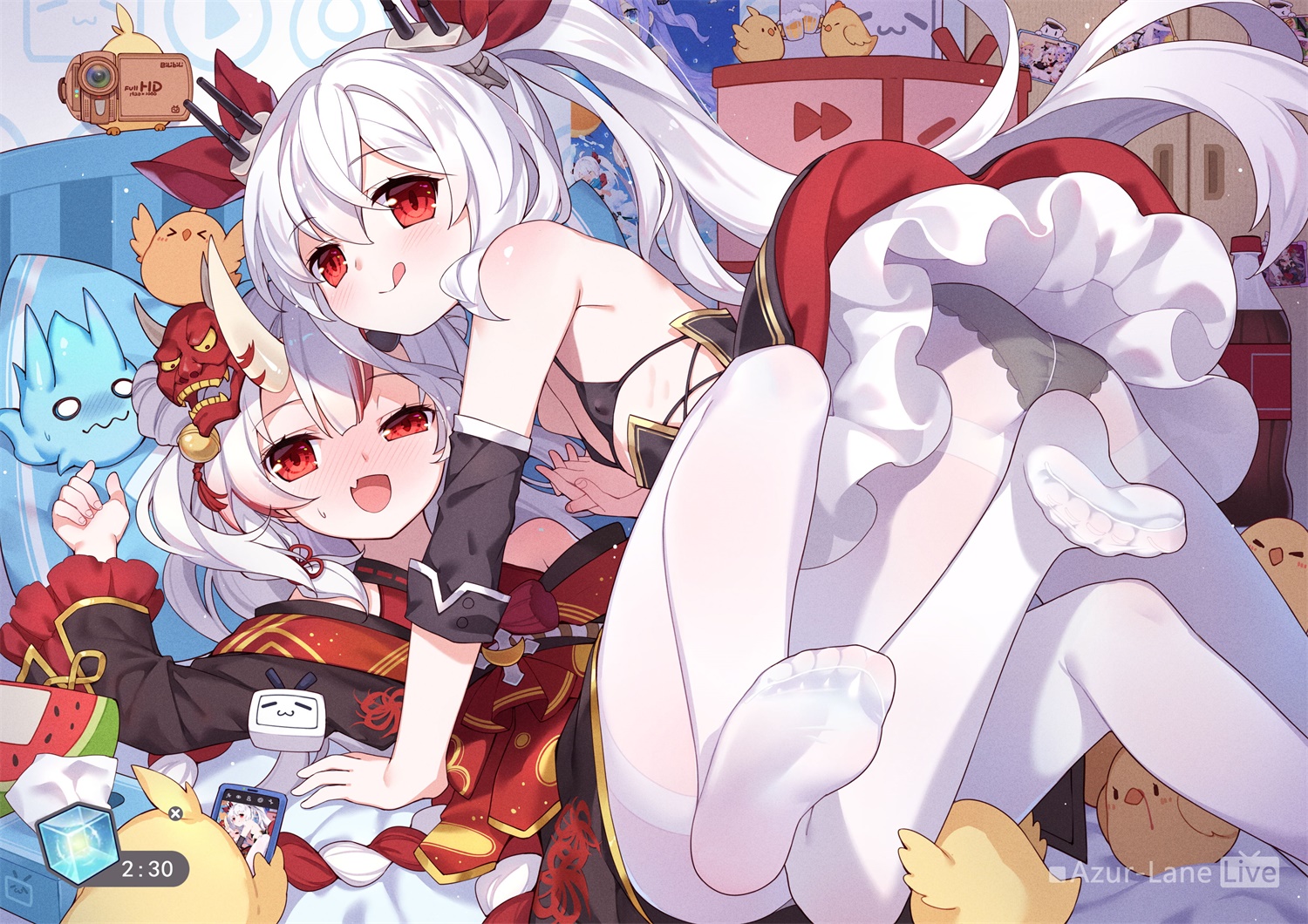 anthropomorphism, ass, azur_lane, bell, bikini_top, blush, camera, crossover
