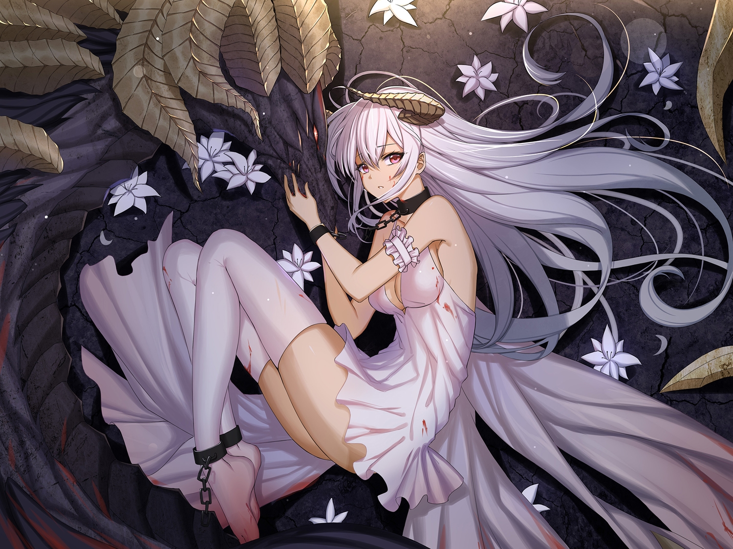 barefoot, blood, bondage, breasts, chain, cleavage, collar, dragon, dress, flowers, gray_hair, horns, long_hair, original, red_eyes, roi_(liu_tian), shackles, thighhighs, wristwear