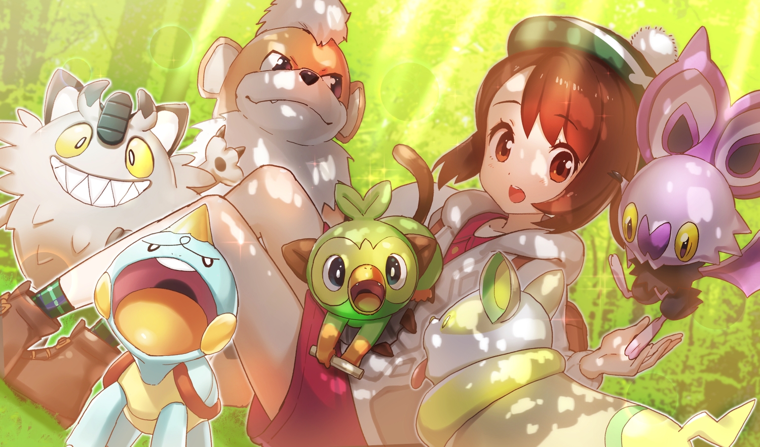 animal, brown_eyes, brown_hair, chewtle, green322, grookey, growlithe, hat