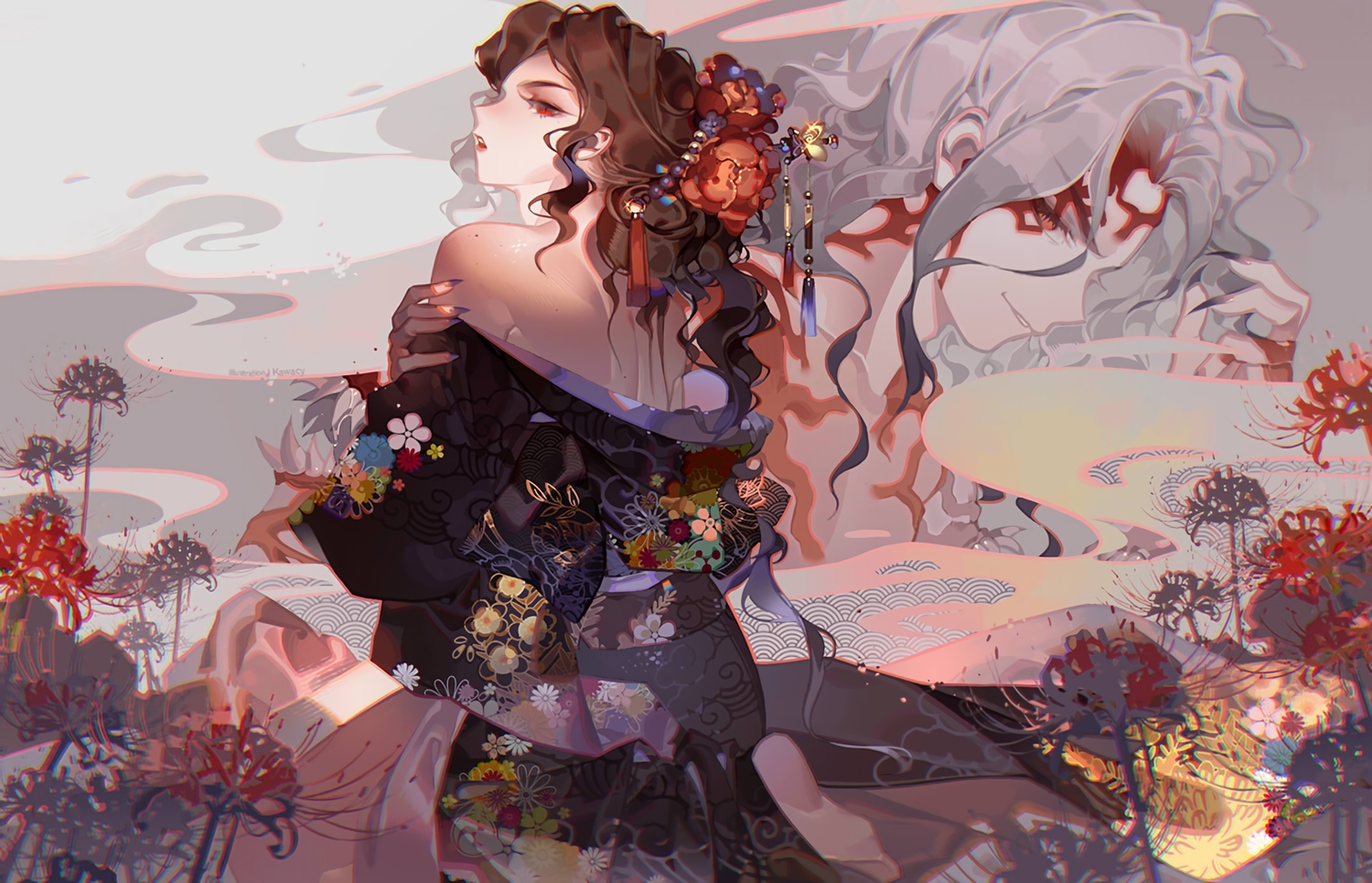 brown_hair, flowers, genderswap, japanese_clothes, kawacy, kibutsuji_muzan, kimetsu_no_yaiba, kimono, long_hair, male, red_eyes, waifu2x, watermark