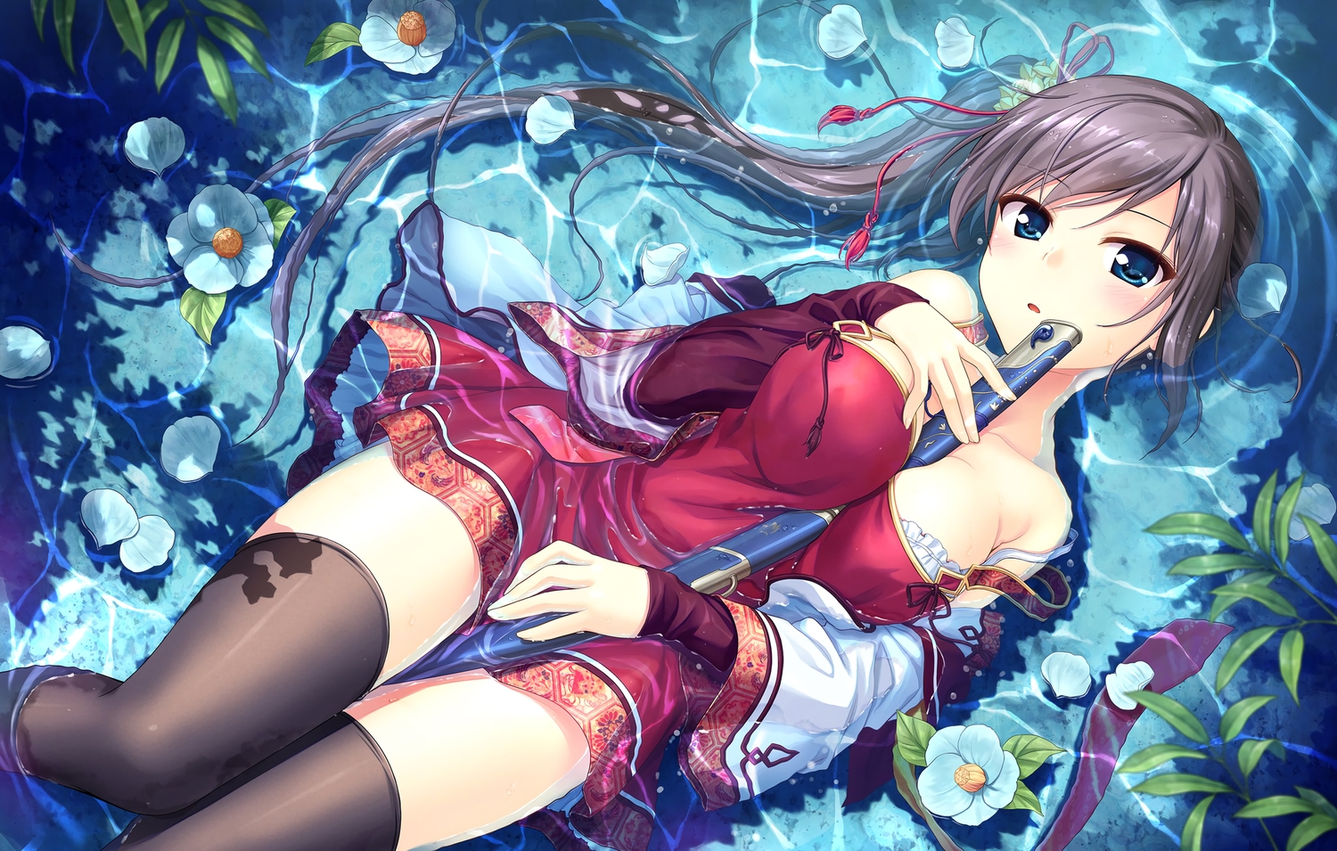 august, black_hair, blue_eyes, blush, breasts, dress, flowers, inou_hotori, katana, long_hair, natsuno_io, petals, ponytail, sen_no_hatou_tsukisome_no_kouki, sword, thighhighs, water, weapon