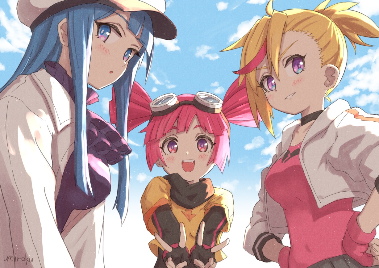 blonde_hair, blue_eyes, blue_hair, blush, burou_(muse_dash), choker, clouds, fang