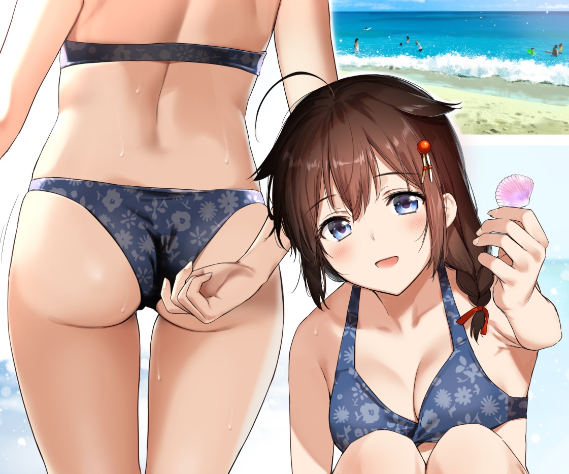 anthropomorphism, ass, bikini, blue_eyes, blush, braids, breasts, brown_hair