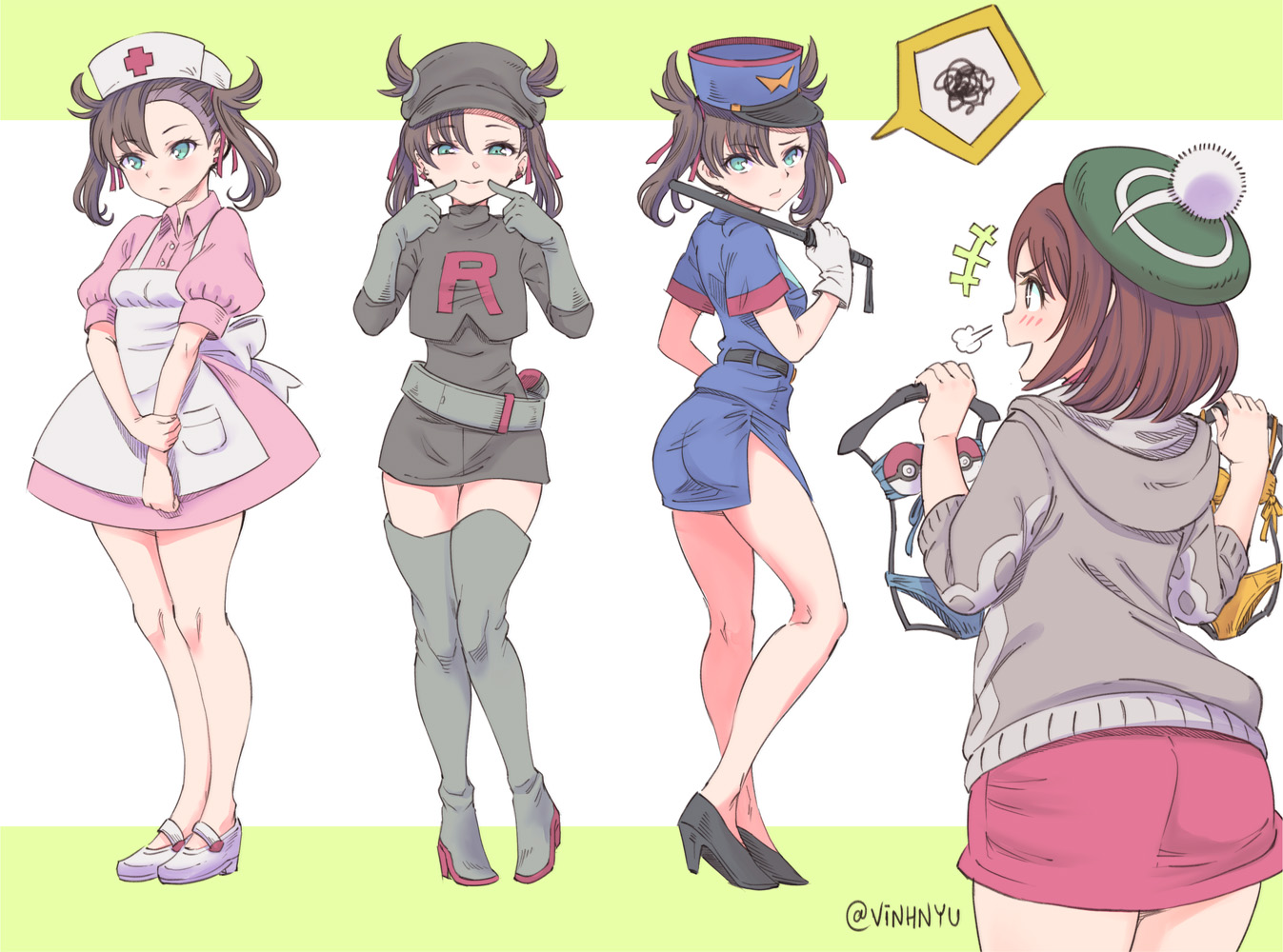 2girls, apron, bikini, brown_hair, cosplay, dress, elbow_gloves, gloves, green_eyes, hat, horns, jpeg_artifacts, mary_(pokemon), nurse, pokemon, police_uniform, signed, skirt, swimsuit, thighhighs, twintails, vinhnyu, weapon, yuuri_(pokemon)