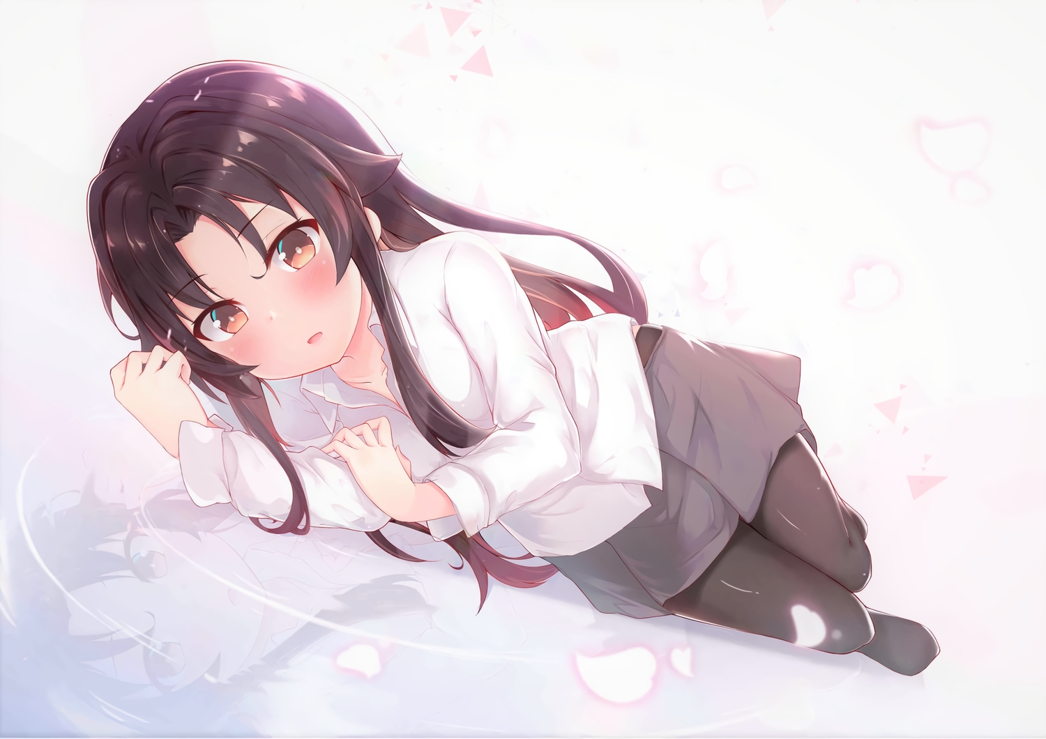 blush, brown_eyes, long_hair, pantyhose, reflection, ryuuou_no_oshigoto!, shirt, skirt