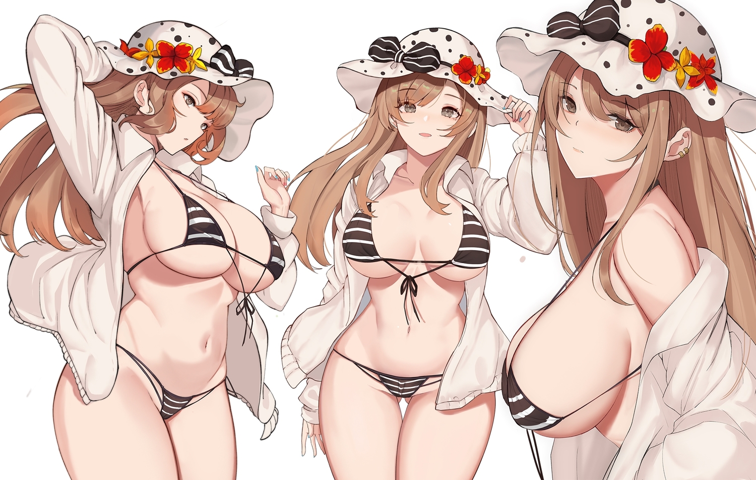 bikini, brown_eyes, brown_hair, gg-e, hat, long_hair, navel, open_shirt, original, swimsuit