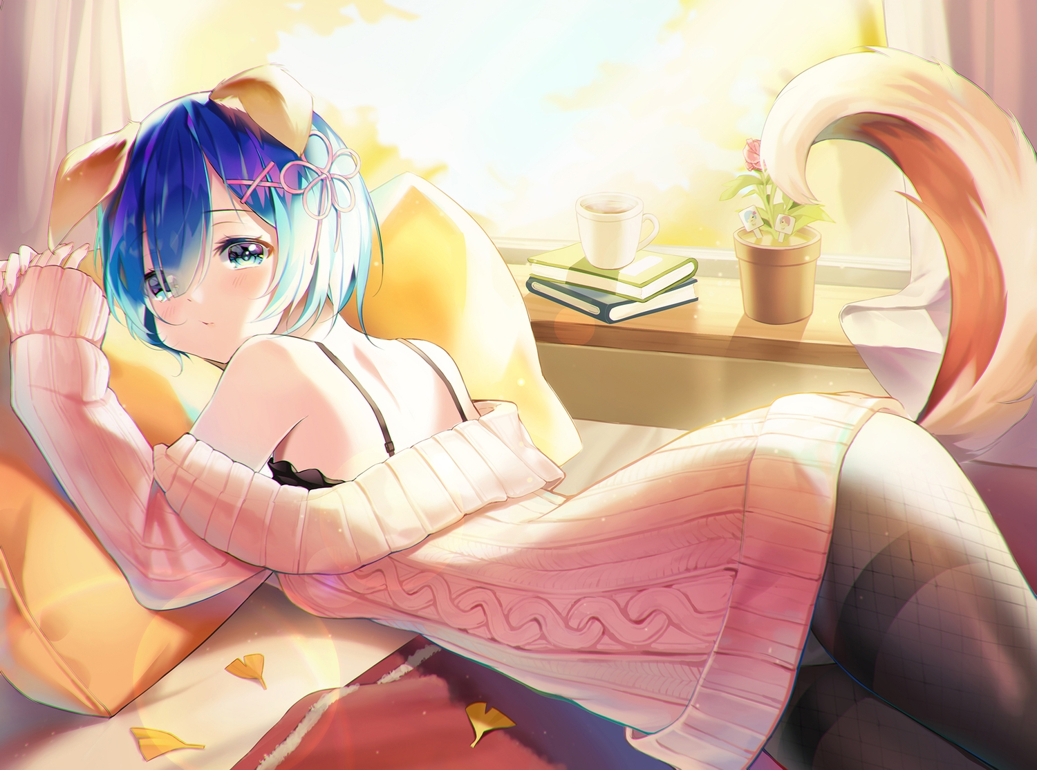 animal_ears, bed, book, doggirl, flowers, leaves, panties, pantyhose