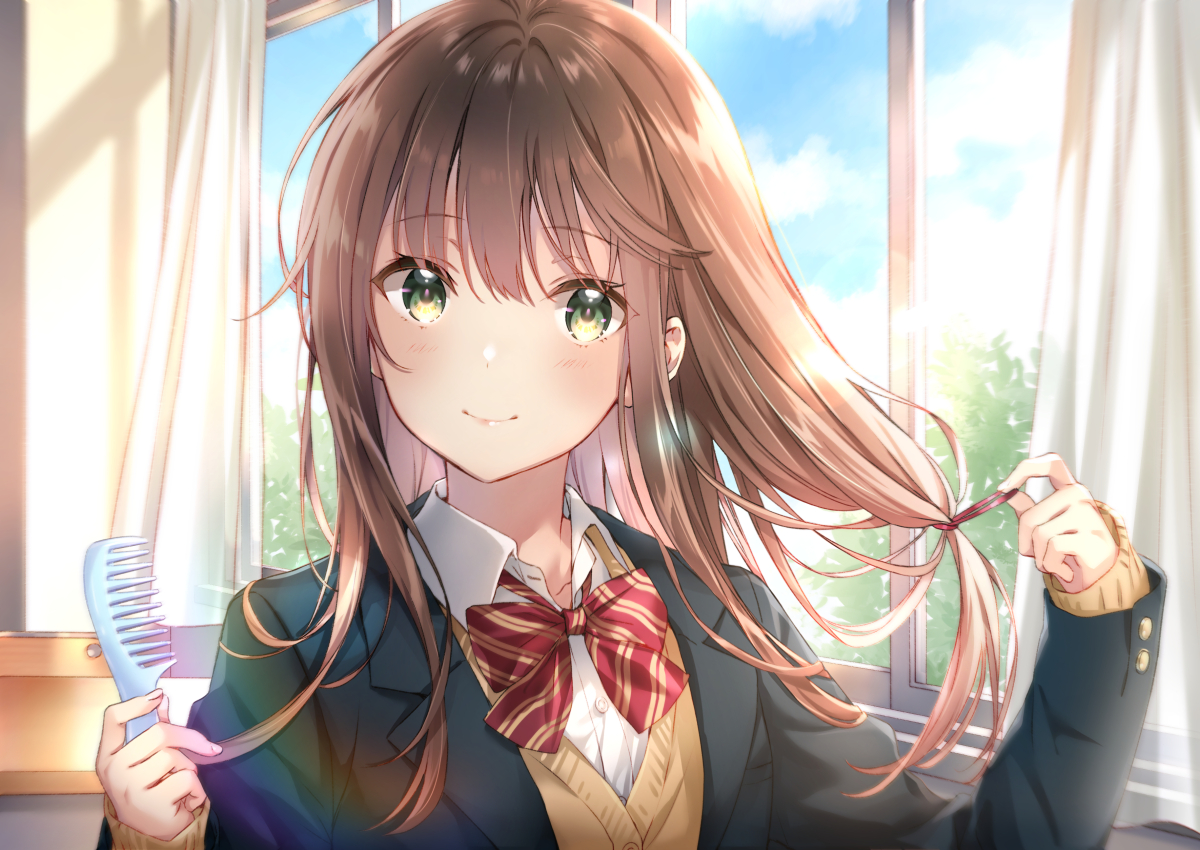 bow, brown_hair, close, clouds, green_eyes, higeneko, long_hair, original